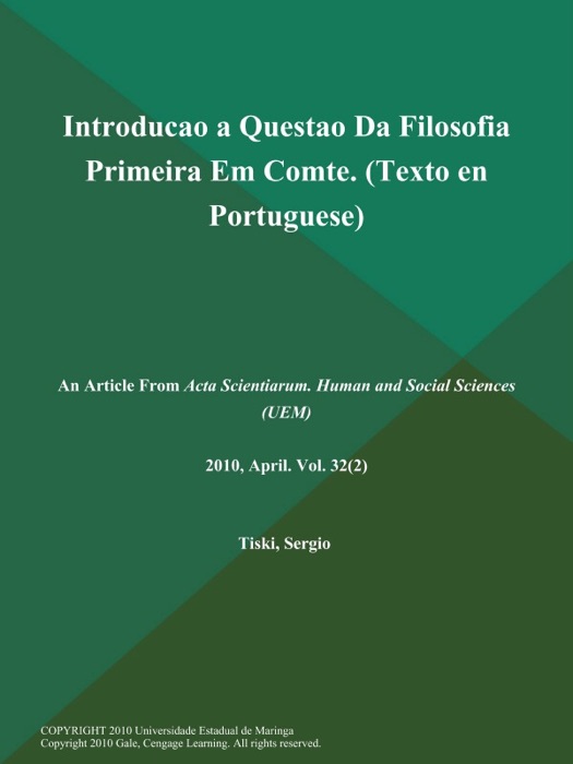 Introducao a Questao Da Filosofia Primeira Em Comte (Texto en Portuguese)