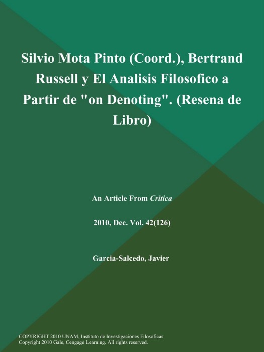 Silvio Mota Pinto (Coord.), Bertrand Russell y El Analisis Filosofico a Partir de 