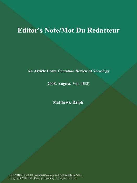 Editor's Note/Mot Du Redacteur