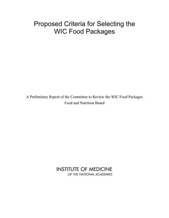 Proposed Criteria for Selecting the WIC Food Packages