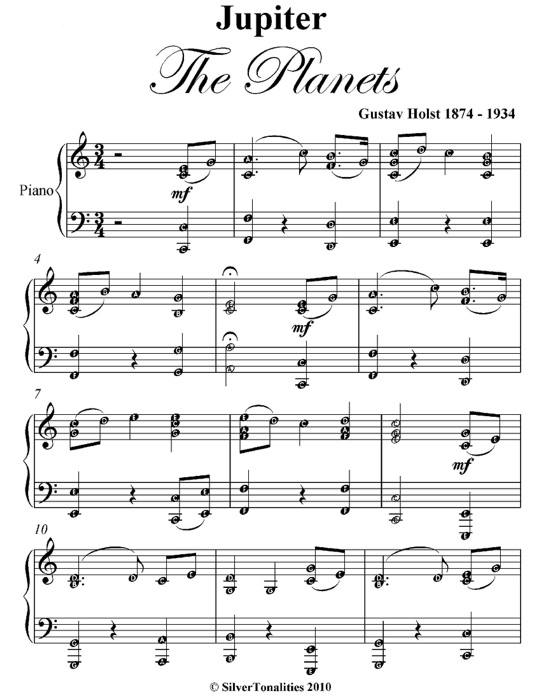 Jupiter the Planets Easy Intermediate Piano Sheet Music