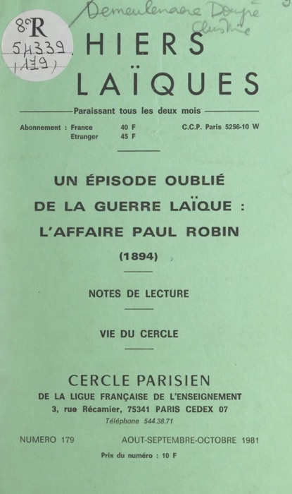 Un épisode oublié de la guerre laïque : l'affaire Paul Robin (1894)