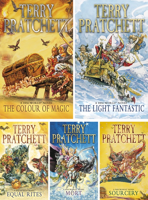 Discworld series by Terry Pratchett Volume I: The Colour of Magic, The Light Fantastic, Equal Rites, Mort,  Sourcery.