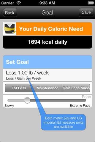 kcalculator - how much calories should you eat to gain / lose 0.5, 1 , 2 lb/kg per week screenshot 3