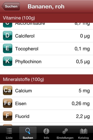 A-Z Lebensmittel- Nährwerte (Kcal, Vitamine und Mineralstoffe von Obst, Gemüse, Salat, Fisch, Fleisch, etc.) screenshot 4