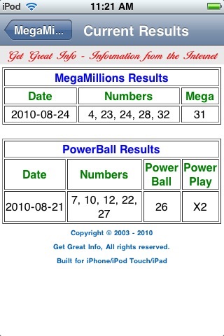 MegaMillions Results screenshot 2