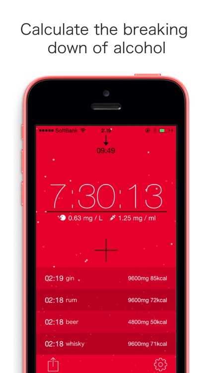 alcCalc: Estimates and Displays the Alcohol Decomposition, the Time You'll Sober Up and the BAC in Realtime.