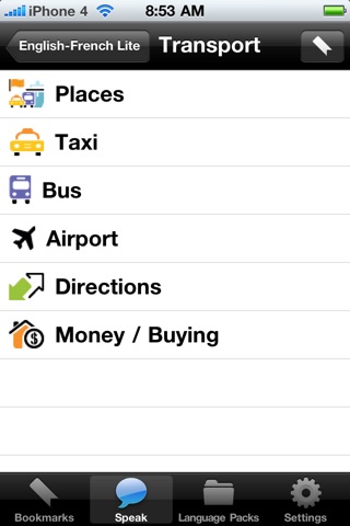 English to French Voice Talking Translator Phrasebook EchoMobi® Travel Speak LITE screenshot 2
