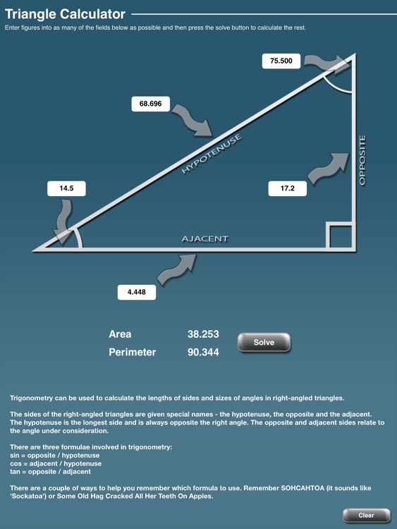 Triangle Calculator for Right Angle Triangles (Trigonometry for iPad)