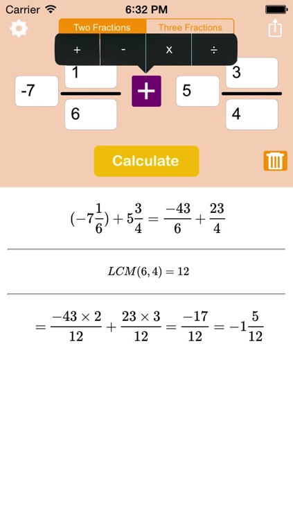 Fraction calculator for arithmetic operations: addition, subtraction, multiplication, and division