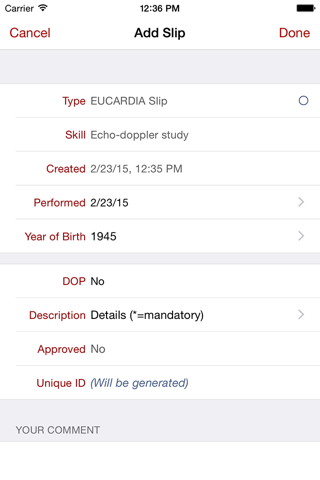 EUCARDIA Logbook screenshot 2