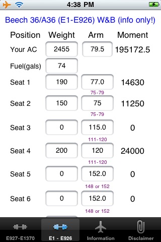 BE A36 Weight and Balance Calculator (serial numbers E1-1370) screenshot 3