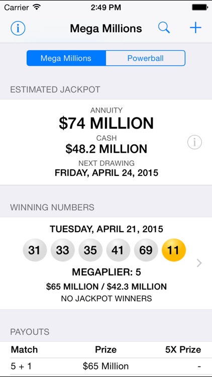 Mega Millions + Powerball - lottery games in the US with winning number results, lotto jackpots and prize payouts