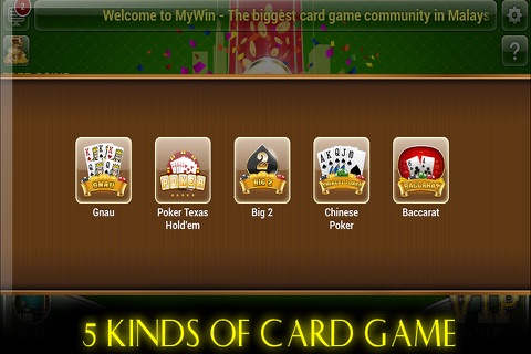 MyWin : Malaysia Social Card game  (Poker Texas Hold'em, Gnau, Big 2, Baccarat, Sicbo, 3 Dices) screenshot 3