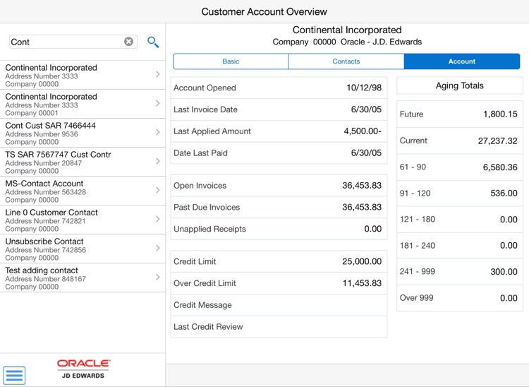 Customer Account Overview Tablet for JDE E1