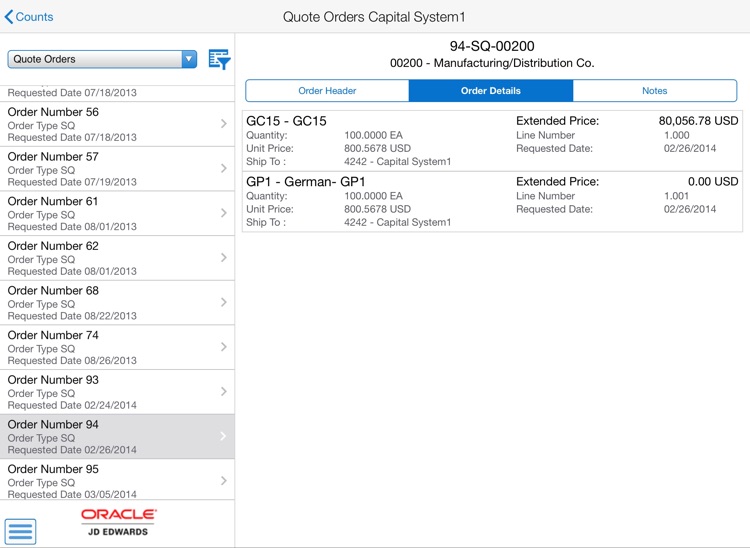 Customer Order Overview Tablet - JDE E1