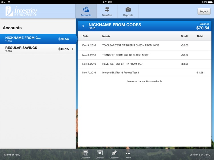 Integrity Mobile Banking for iPad