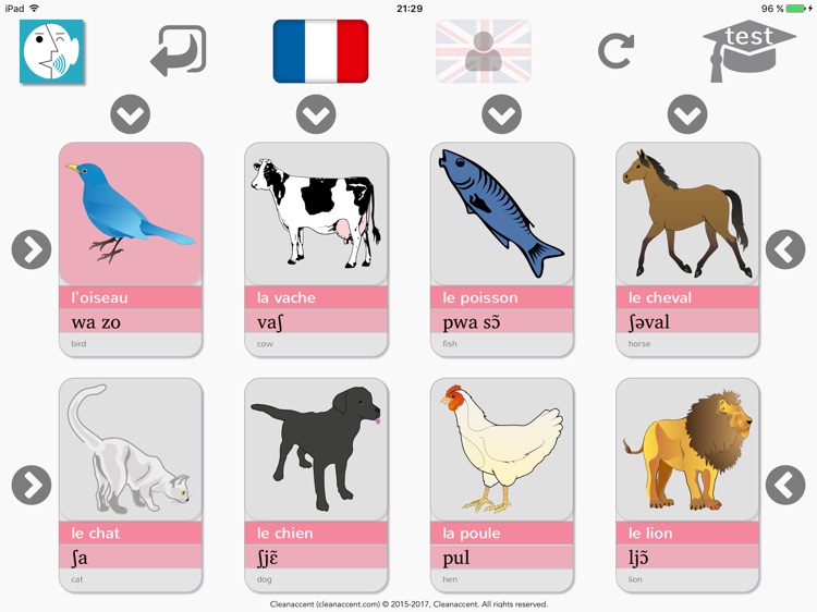 8 animals in French, Japanese, Chinese, English
