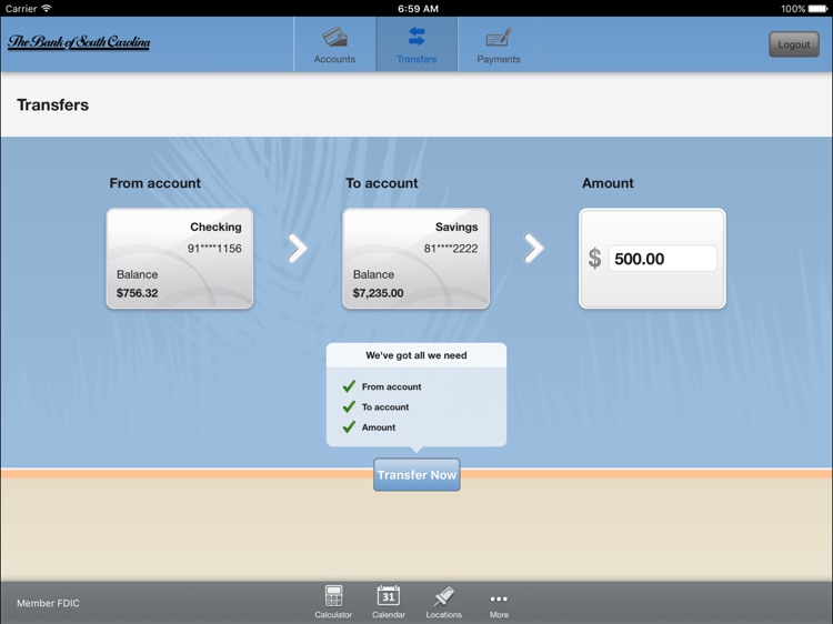 The Bank of South Carolina Mobile Banking for iPad screenshot-3