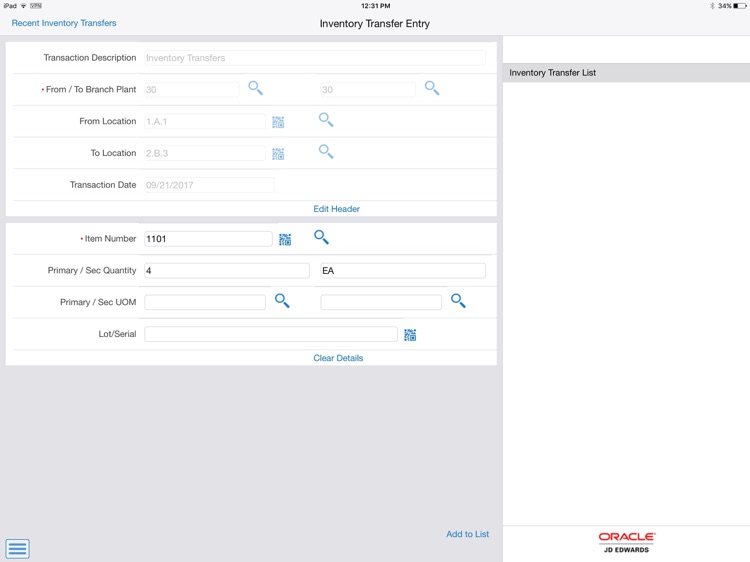 Inventory Transfer Tablet JDE