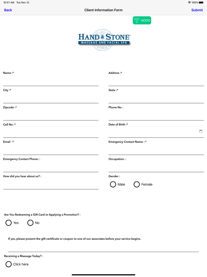 Hand and Stone Intake