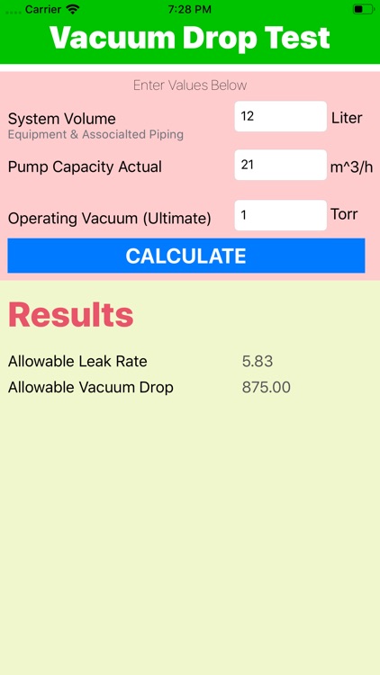 Vacuum Drop Test Calculator