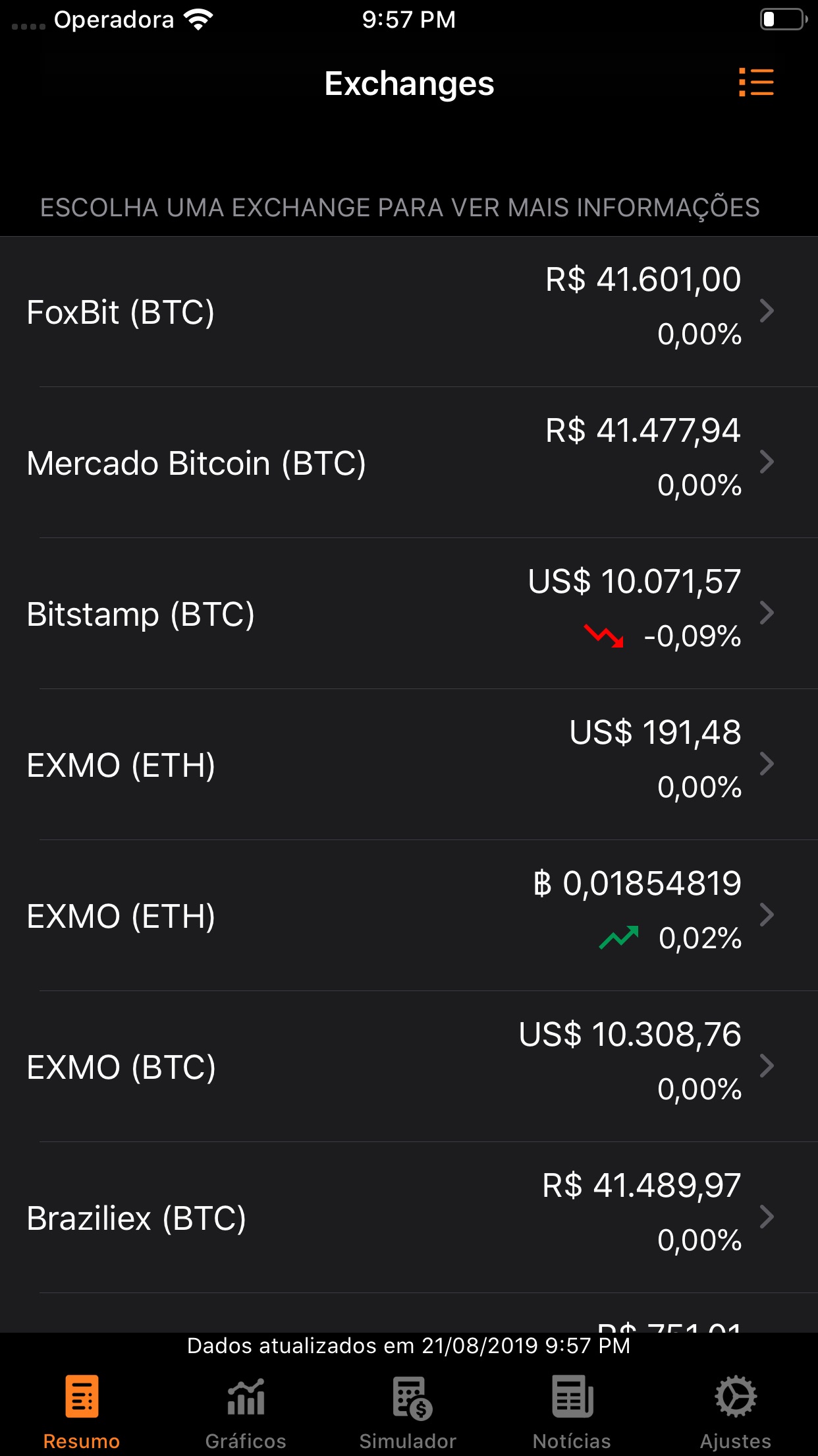 Screenshot do app Bitcoin Sentinel