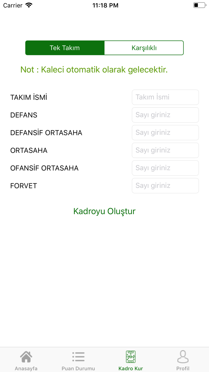 Halı Saha Kadro Kur