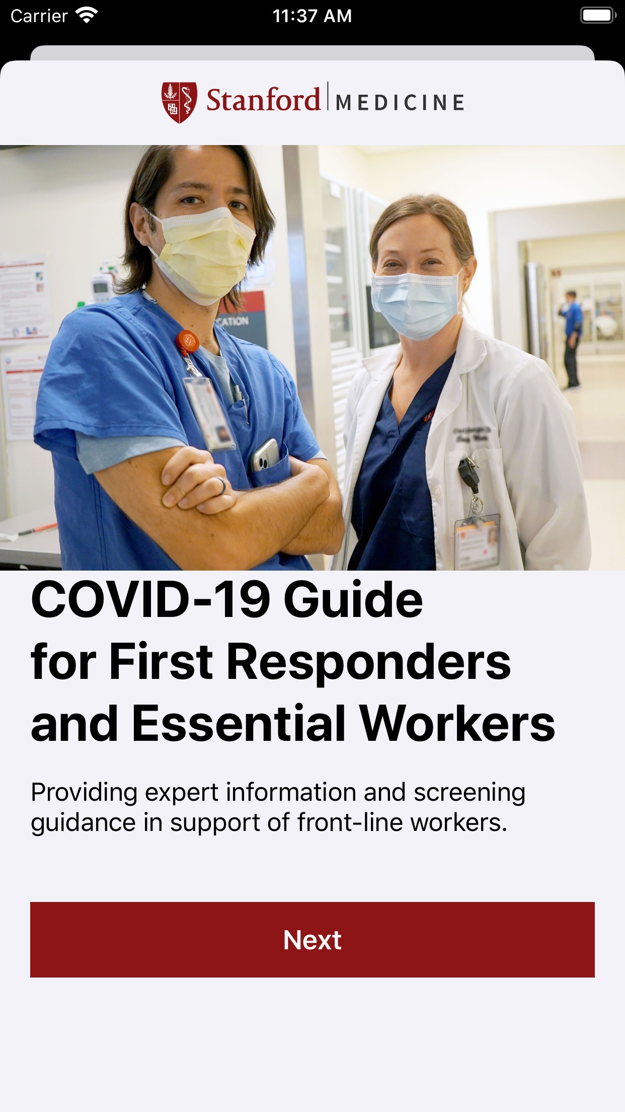 Screenshot do app First Responder COVID-19 Guide