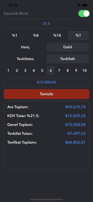 KDV, Tevkifat ve Oran Hesapla(圖8)-速報App