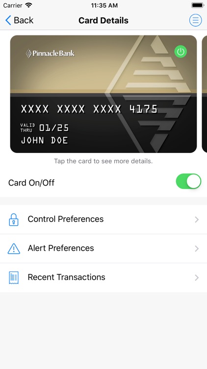 Pinnacle Bank Card Control