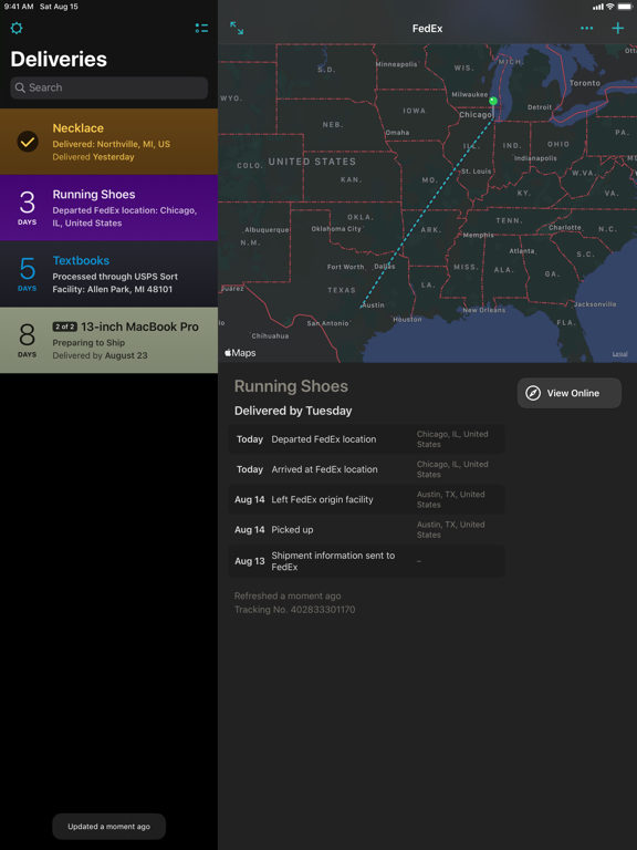 Delivery Status touch, a package tracker screenshot