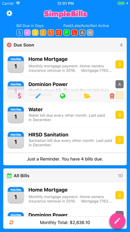 Simple Bill Reminders