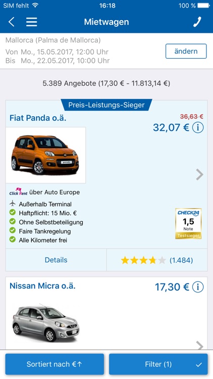 CHECK24 Reisen, Mietwagen, Hotel, Flug