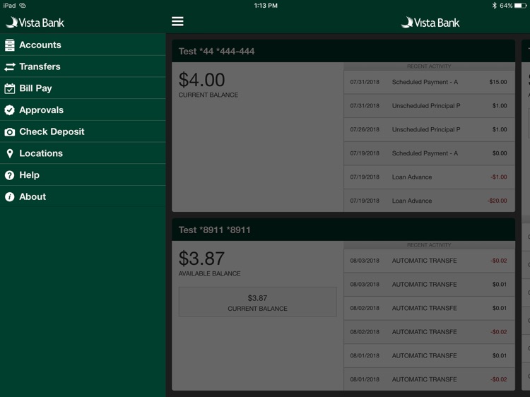 Vista Bank Treasury for iPad