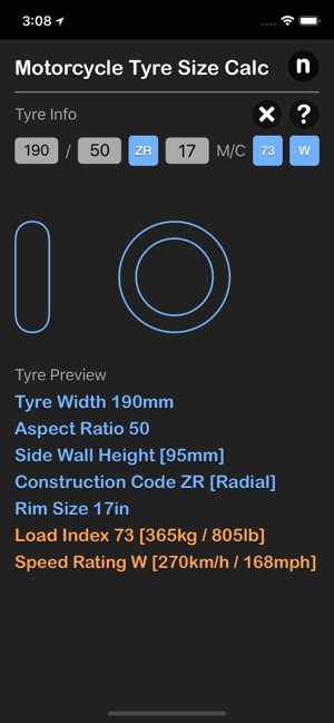 Motorcycle Tyre Size Calc