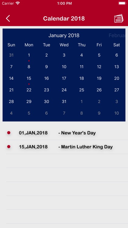 USA Calendar 2018