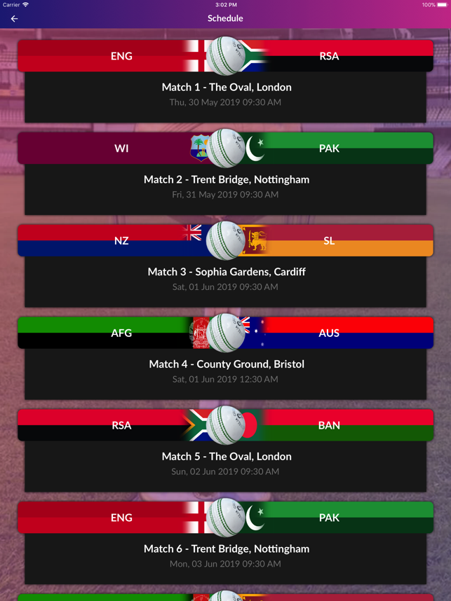 Schedule Cricket WC 2019