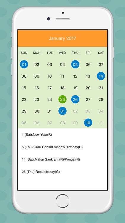 Holidays Calendar 2017