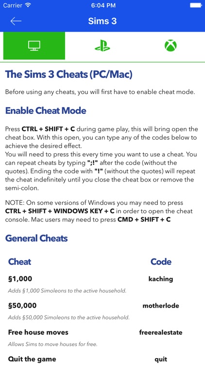 Cheats for The SIMS - All Series Code