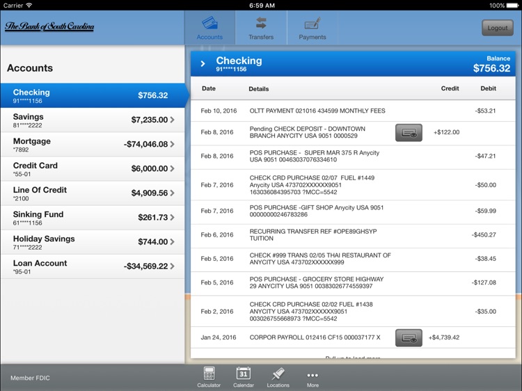 The Bank of South Carolina Mobile Banking for iPad