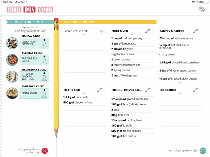 Plan Buy Cook meal planner