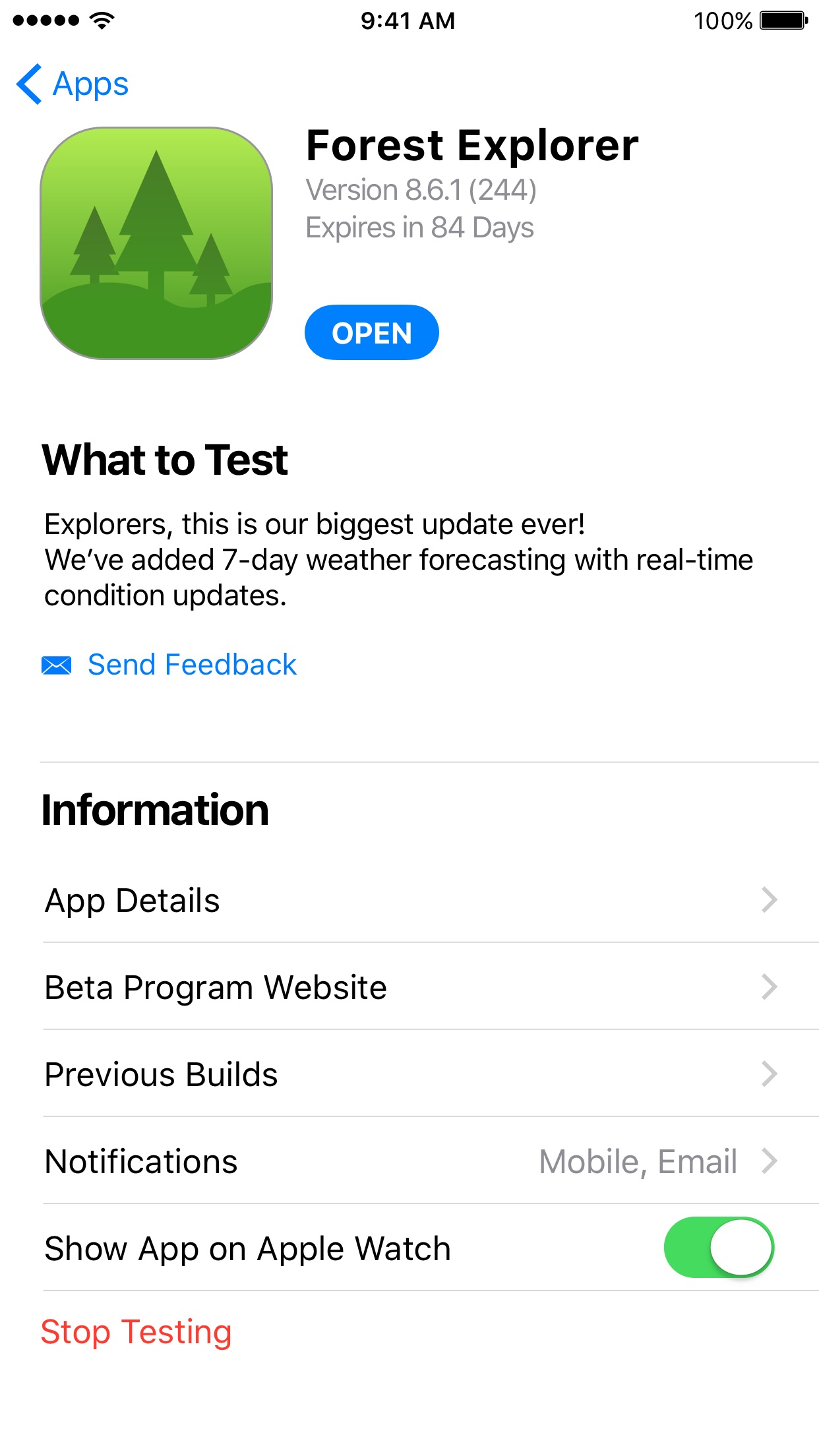 Screenshot do app TestFlight