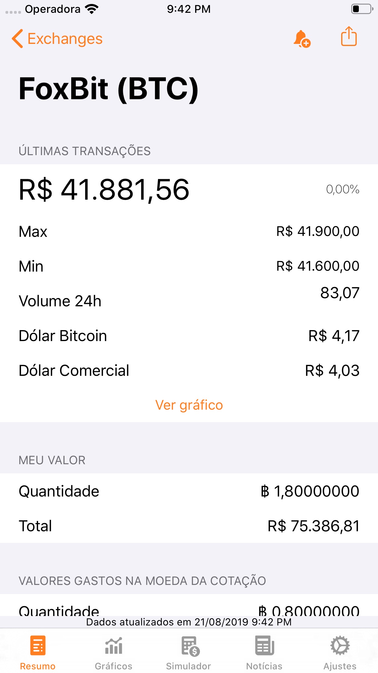 Screenshot do app Bitcoin Sentinel
