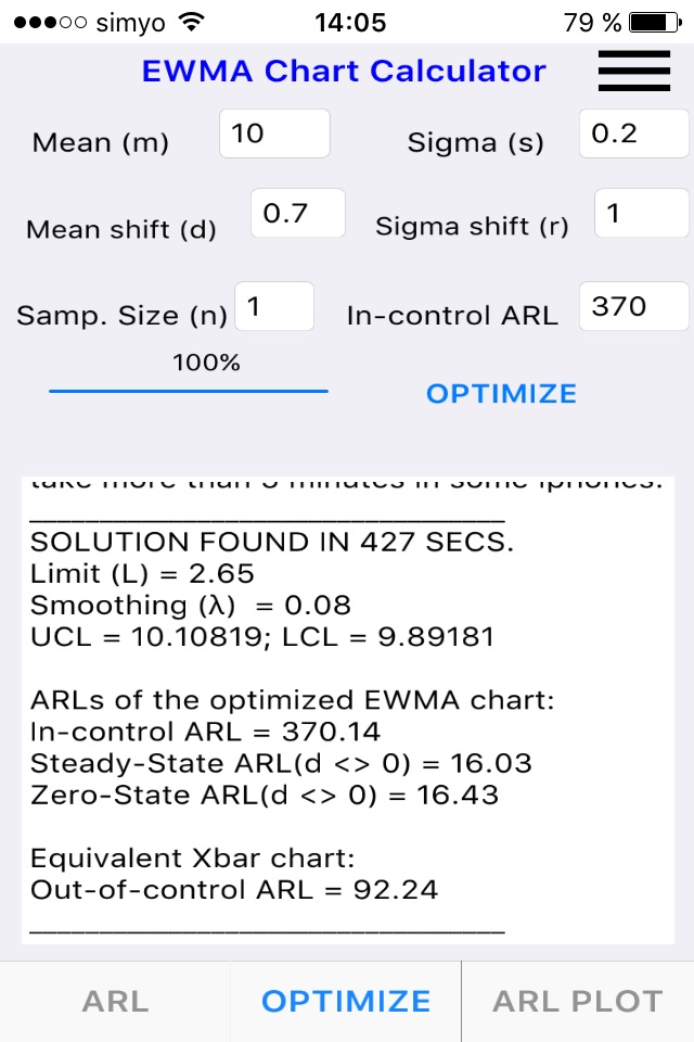 Optimum EWMA control chart screenshot 2