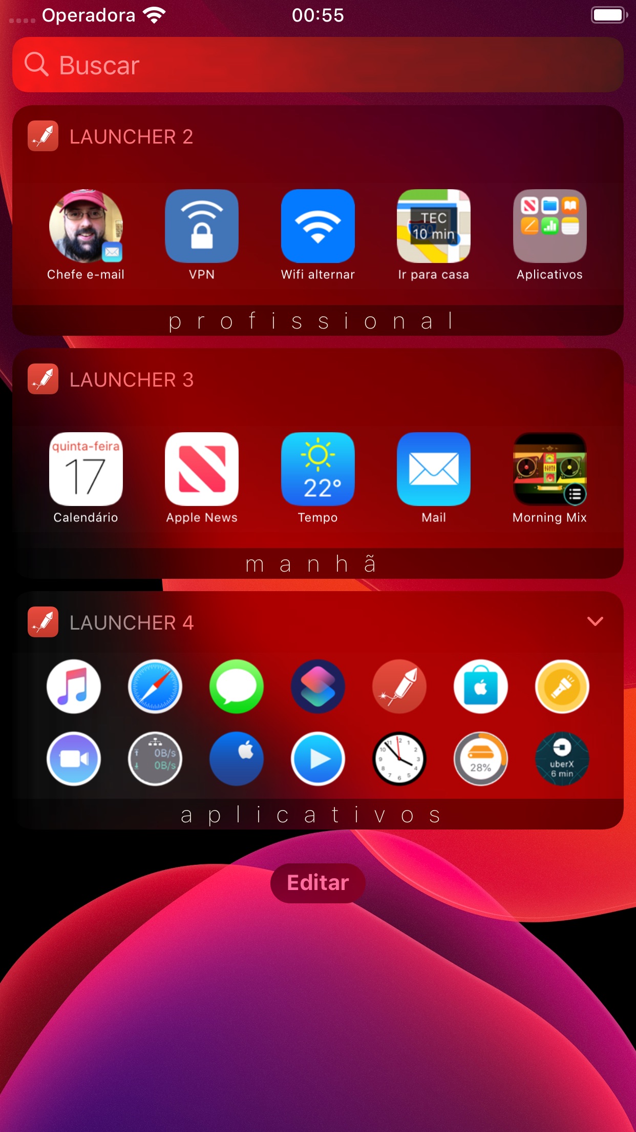 Screenshot do app Atalho com vários widgets