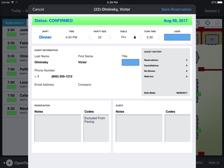 OpenTable Manager for iPad