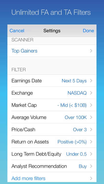 ScreenerPro: Find Your Own Stock Picks by Screening the Market with Customized Fundamental and Technical Patterns and Filters; Research and Monitor Your Pick with Real-Time Quote, Chart Reading, and Price Alert Push Notification; Cloud Sync Supported