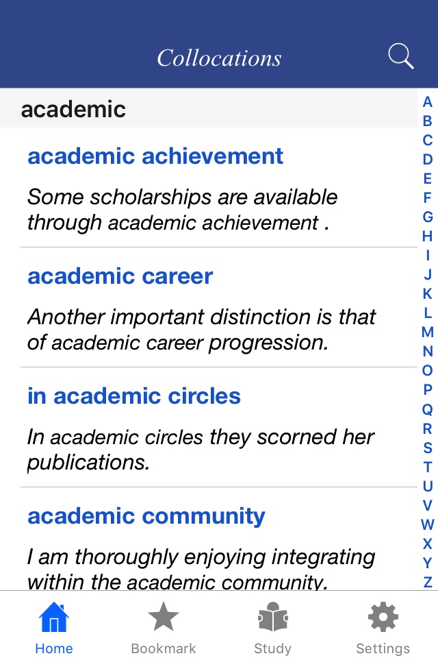 Academic collocation list screenshot 2