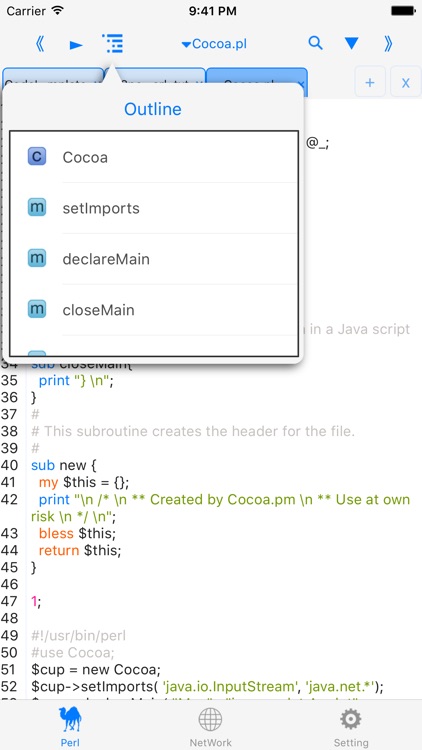 perli$ - run code, autocomplete, outline, color code